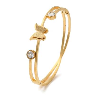 Butterfly Vacuum Plating 304 Stainless Steel Rhinestone Torque Bangles for Women