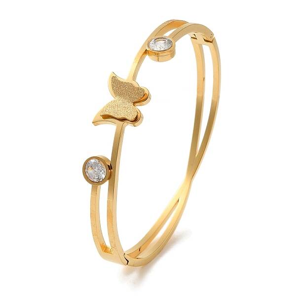 Butterfly Vacuum Plating 304 Stainless Steel Rhinestone Torque Bangles for Women