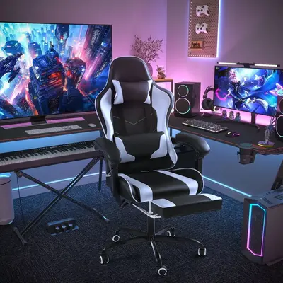 HOMALL PU Leather Gaming Chair Carbon Fiber Massage Ergonomic Gamer Chair Height Adjustable Computer Chair with Footrest & Lu...