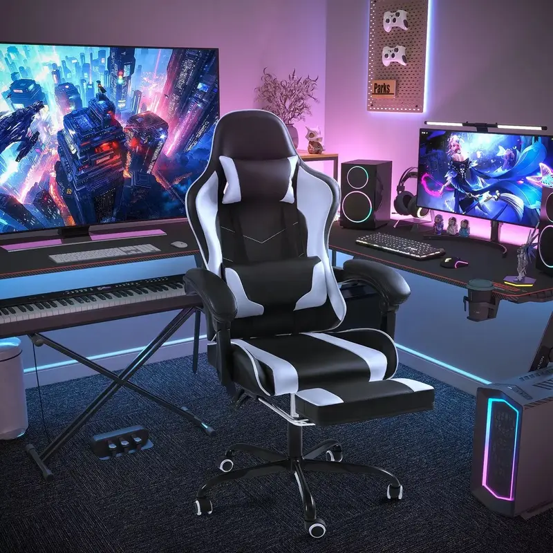 HOMALL PU Leather Gaming Chair Carbon Fiber Massage Ergonomic Gamer Chair Height Adjustable Computer Chair with Footrest & Lu...