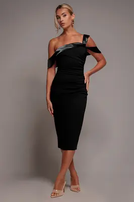Goddiva One Shoulder Satin Band Bodycon Midi Dress - Black
