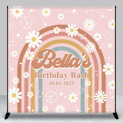 Custom Daisy Rainbow Groovy Pink Birthday Backdrop