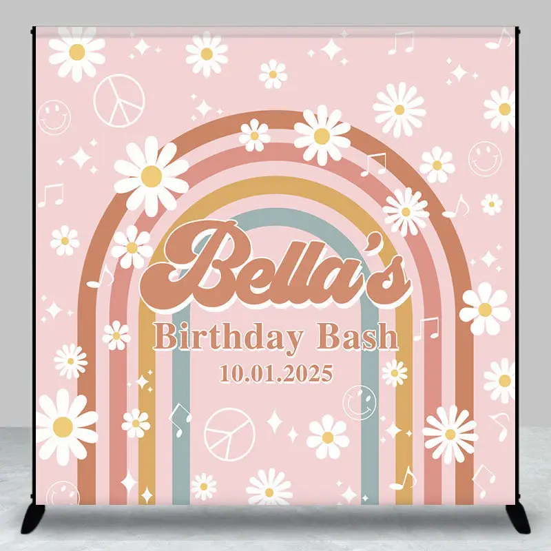 Custom Daisy Rainbow Groovy Pink Birthday Backdrop