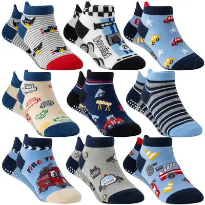 9 Pairs Of Baby Boys Toddlers Grips Socks Kids Non Slip Anti Skid Ankle Car Cotton No Show Socks With Grippers Gift Socks