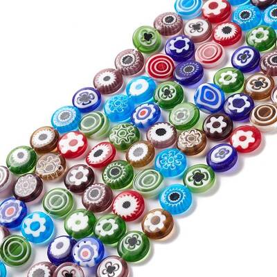 Flat Round Handmade Millefiori Glass Beads Strands