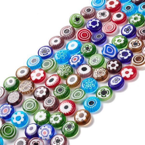 Flat Round Handmade Millefiori Glass Beads Strands
