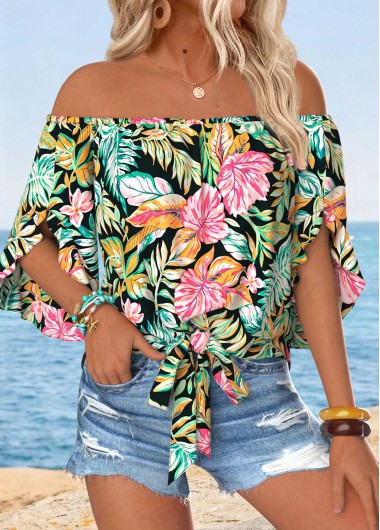 Modlily Multi Color Tummy Coverage Tropical Plants Print Blouse - S