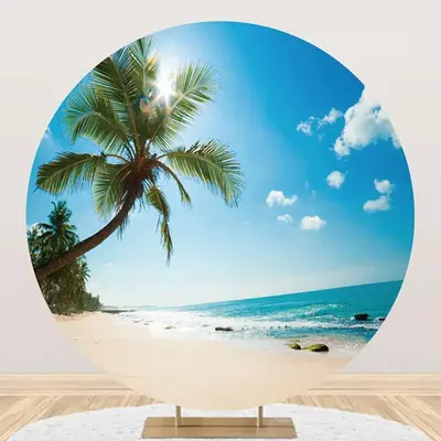 Round Sandy Beach Palm Tree Coastal Summer Backdrop - Aperturee