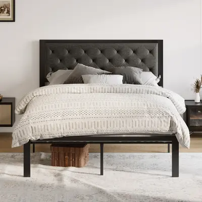 Allewie Twin/Full/Queen/King Upholstered Platform Bed Frame - Fabric/Faux Leather Button Tufted Headboard with Metal Frame & ...