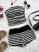 Women's Striped Pattern Tube Top & Shorts Two-piece Set, Casual Fashion Cozy Sweater Set for Daily Holiday Vacation Wear, Lad...