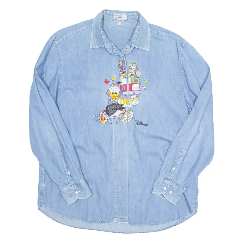 SEGRETA Disney Womens Plain Shirt Blue 90s Long Sleeve L
