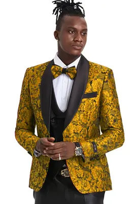 Gold Paisley Floral Men's Slim Fit Prom Tuxedo - One Button Vested