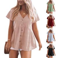 Fisace Womens Short Sleeve V Neck Blouse Button Down Shirt Loose Casual Ruffle Hem Babydoll Peplum Top