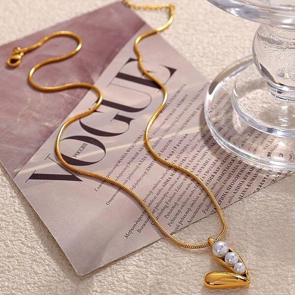 304 Stainless Steel & Glass Pearl Heart Pendant Necklaces for Women