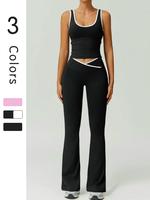 Two-Piece Set Women's Colorblock Contrast Binding Crop Tank Top & Flare Leg Pants Tracksuit Set, Scoop Neck Sleeveless Top & ...