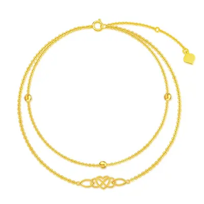 18K Gold Bead Celtic Knot Heart Multi-layered Charm Anklet