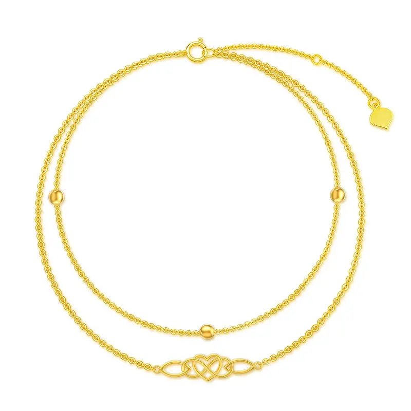 18K Gold Bead Celtic Knot Heart Multi-layered Charm Anklet