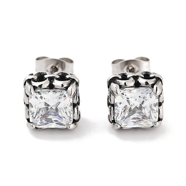 Square 316 Surgical Stainless Steel Pave Cubic Zirconia Stud Earrings for Women Men