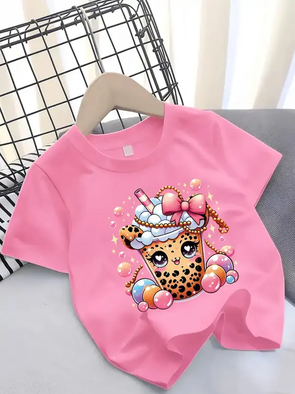 Girls Summer Fashion Cartoon Pearl Milk Tea Graphic Print Short Sleeve T-Shirt, Perfect for Outdoor Activities and Casual Wea...