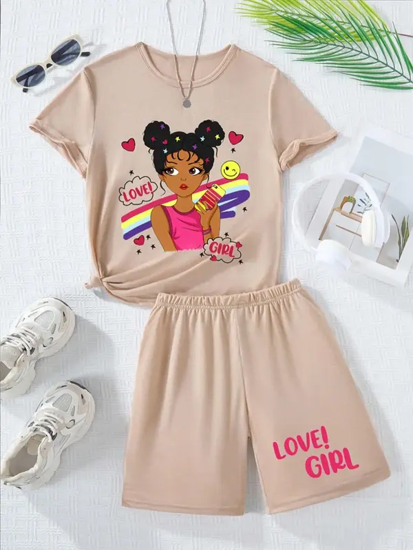 Girl's Cartoon Girl Print Tee & Shorts Two-Piece Set, Casual Fashion Round Neck Short Sleeve T-shirt & Letter Print Shorts fo...
