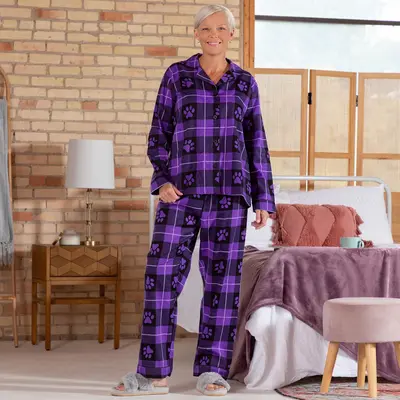 Paw Print Flannel Pajama Set No Pockets - Black - 4X