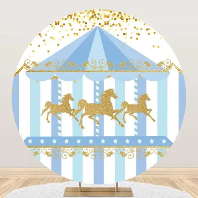 White Blue Gold Carousel Circus Round Party Backdrop - Aperturee