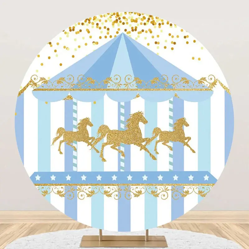 White Blue Gold Carousel Circus Round Party Backdrop - Aperturee
