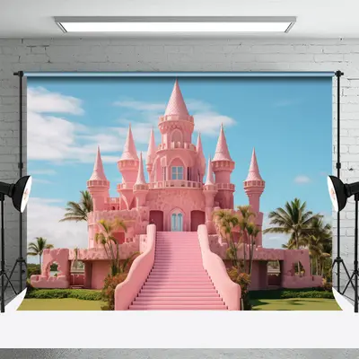 Pink Castle And Blue Sky Coconut Palm Dance Backdrop - Aperturee