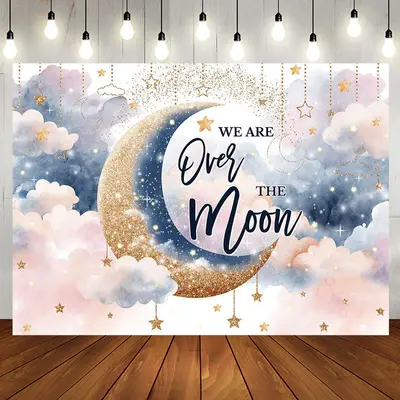 We Are Over Moon Cloud Twins Baby Shower Backdrop - Aperturee
