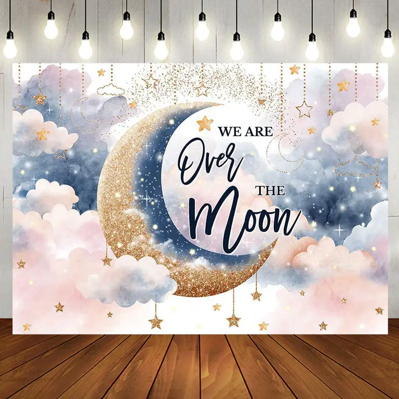 We Are Over Moon Cloud Twins Baby Shower Backdrop - Aperturee
