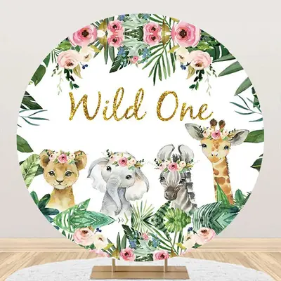 Pink Flower Leaves Animals Round 1st Birthday Backdrop - Aperturee