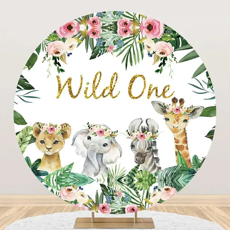 Pink Flower Leaves Animals Round 1st Birthday Backdrop - Aperturee