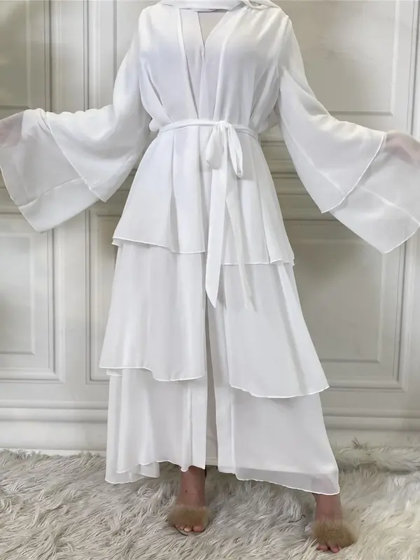 1896# ✨Layered Chiffon Open Abaya Dress | Not include hijab｜Adjustable Waist Tie｜Breathable Design｜#ModestFashion