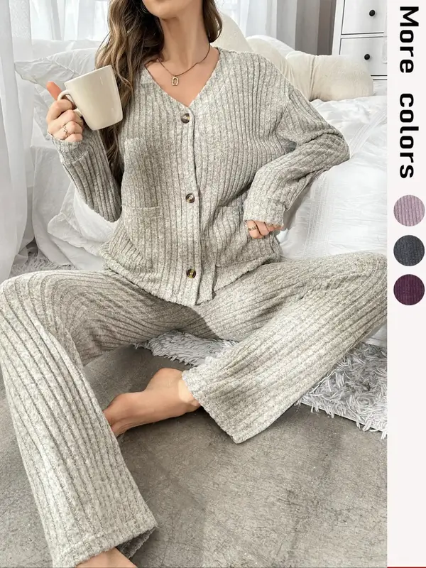 Women's Solid Drop Shoulder Pocket Top & Pants Pyjama Two-piece Set, Casual Comfy Long Sleeve Top & Trousers Pj Set, Women's ...
