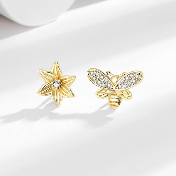 Bees & Flower Brass Micro Pave Clear Cubic Zirconia Stud Earrings