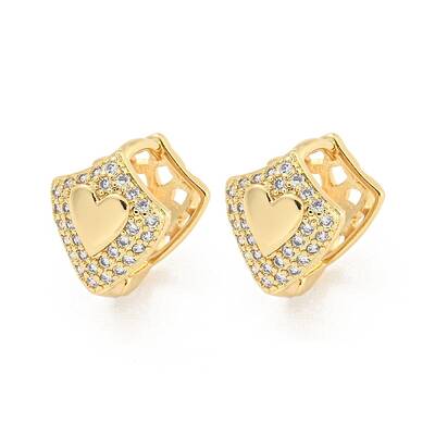 Heart Brass Pave Clear Cubic Zirconia Hoop Earrings