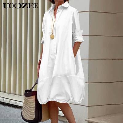 UOOZEE Women's Button Front Long Sleeve Loose Minimalist Lapel Midi Dress Shirt Dress Casual Summer Dress Lightweight Co