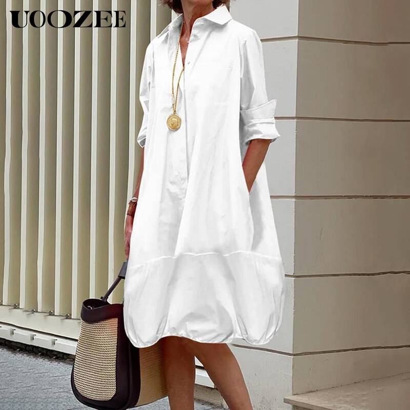 UOOZEE Women's Button Front Long Sleeve Loose Minimalist Lapel Midi Dress Shirt Dress Casual Summer Dress Lightweight Co