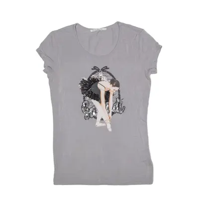 GAUDI Ballerina Rhinestone Sequin T-Shirt Grey Short Sleeve Womens XS