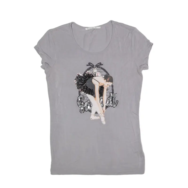 GAUDI Ballerina Rhinestone Sequin T-Shirt Grey Short Sleeve Womens XS