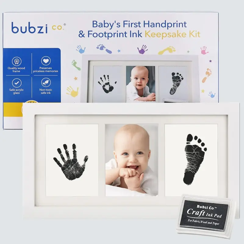 Bubzi Baby Hand & Footprint Kit - Baby Keepsake with Extra Large Ink Pad, Durable Wood Frame & Safe Non-Toxic Black Ink for N...