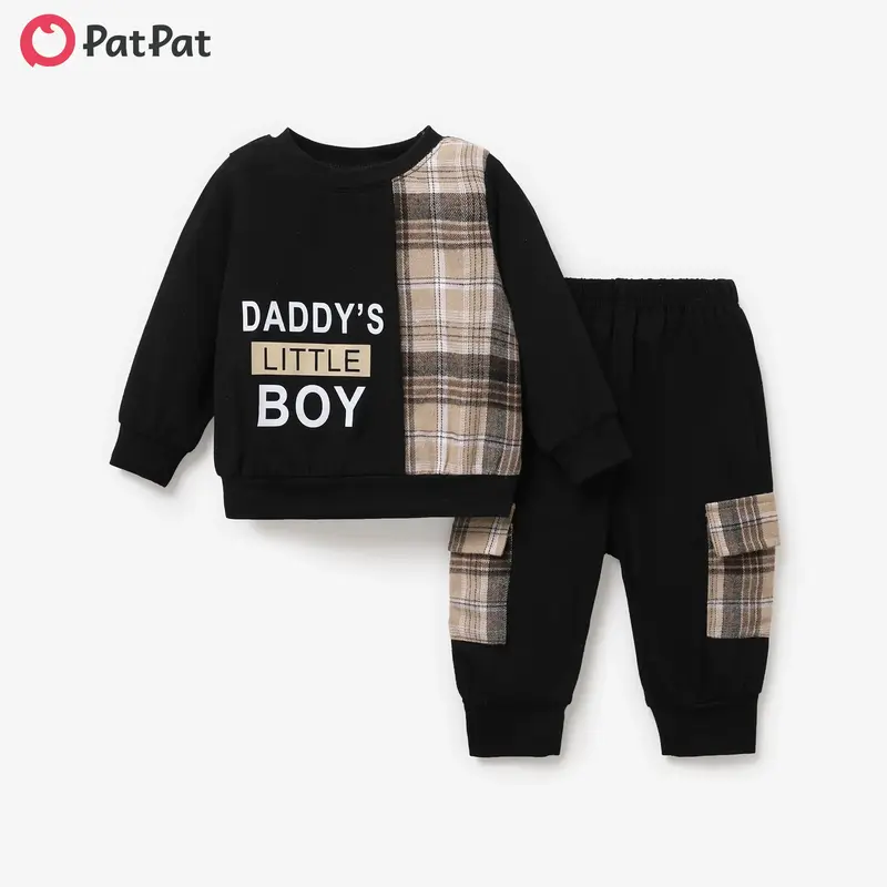 PatPat 2pcs Baby Boy Cotton Letters Print Plaid Panel Long-sleeve Top and Cargo Pants Set