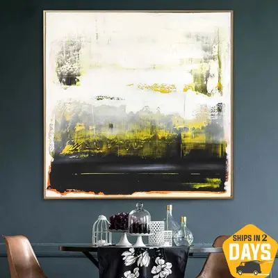 Large Abstract Black And White Paintings On Textured Green Art Original Oil Painting Hand Painted Art | WHITE 107 39.37"...