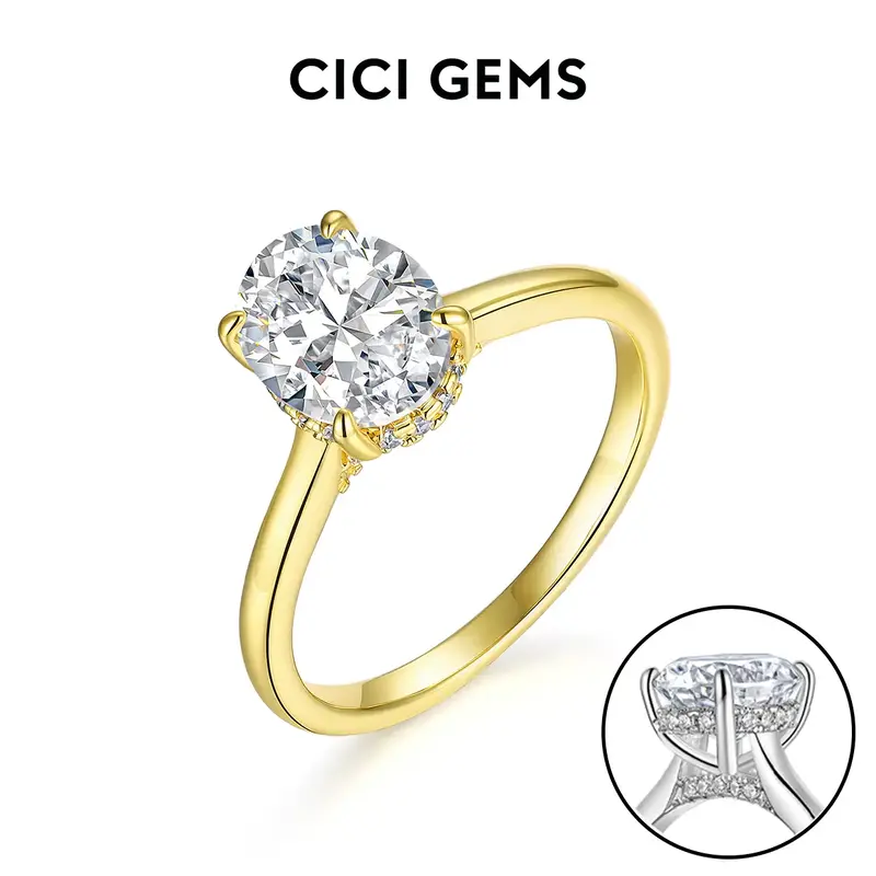 CICI GEMS Lab-Created Moissanite Ring 2CT Oval Cut D Color VVS1 Clarity for Women Stackable Halo High Setting 18K White Yello...