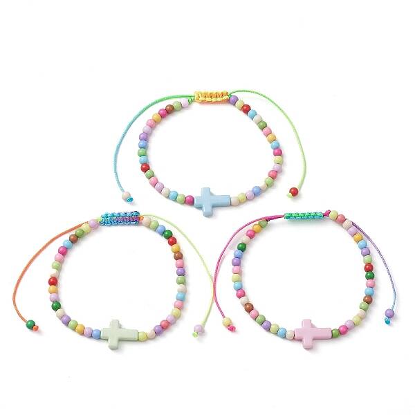 Cross & Round Acrylic Braided Bead Bracelets