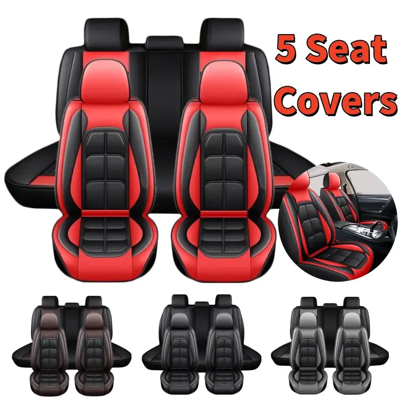 3D Muscle Style Car 5 Seats Covers Full Set, PU Leather Front Rear Cushion Protector Pad Mat Universal, Non-Slip Soft Touch W...