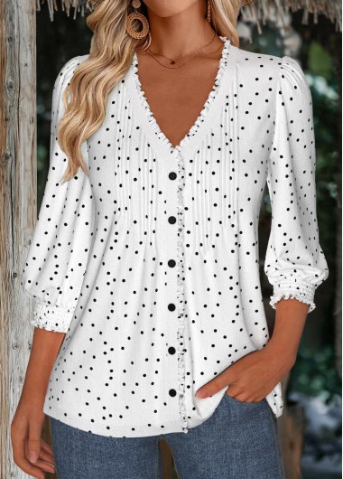 Modlily White Polka Dot 3/4 Sleeve V Neck Blouse - M