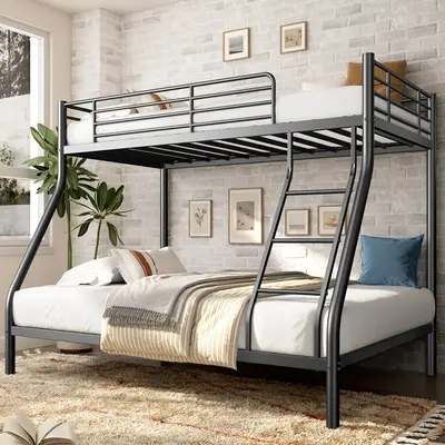 Heavy Duty Twin-Over-Full Bunk Bed • Enhanced Guardrail • Easy Assembly • Space-Saving Metal Frame • Black  Dorm Bunk...