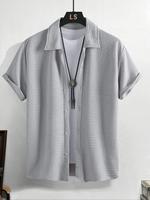Men's Solid Color Textured Short Sleeve Shirt, Casual Regular Fit Button Up Top for Summer, Fashion Men's Clothes for Daily W...