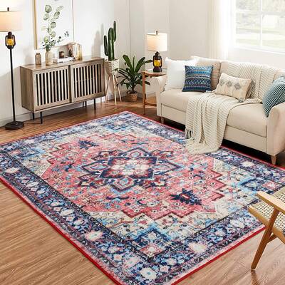 Garvee Boho Vintage Medallion Area Rug - 8x10 Washable Floral Print Rug, Easy-Cleaning, Low-Pile, Non-Shedding, Non-Slip Soft...